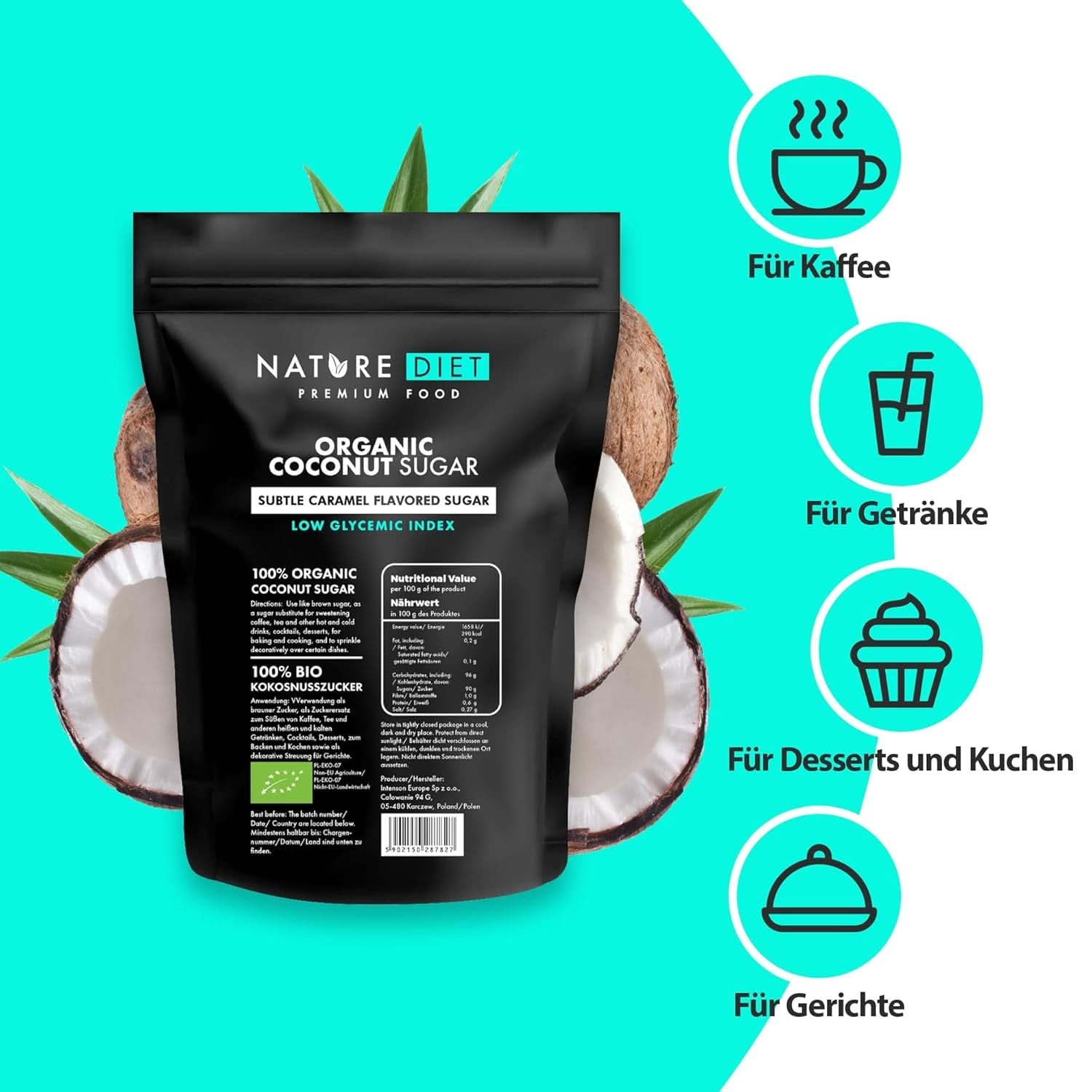 Bio kókuszcukor, karamell ízű, 1,5 kg Sweeteners Naty Shop