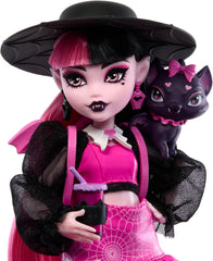 Monster High Draculaura baba kedvencével, gróf Mesés denevér macskával és olyan kiegészítőkkel, mint a hátizsák, varázskönyv, bento doboz és sok más, HRP64 Naty Shop Dolls