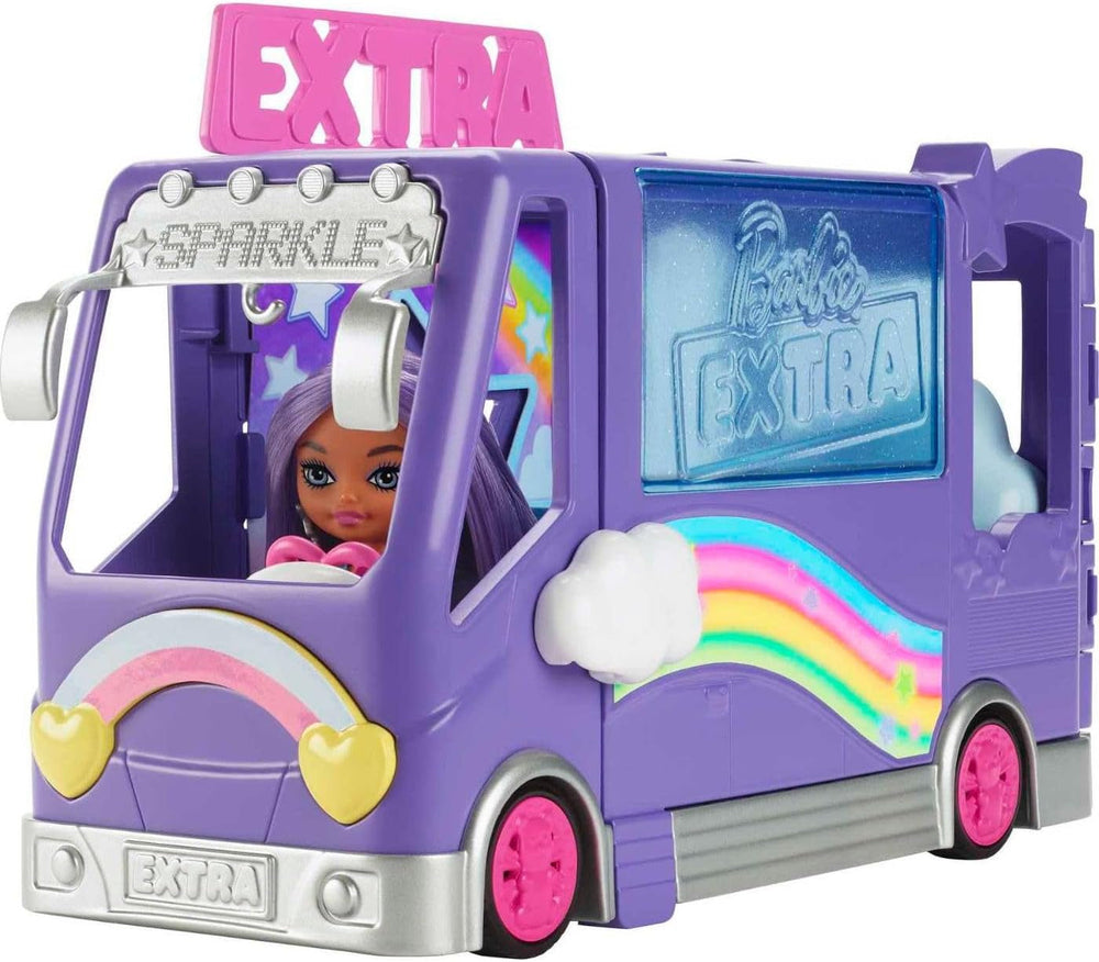 Barbie Extra Mini Minis, Extra Mini Minis Puppe mit Extra Sparkle Tour Bus Van, inkl Zubehör für Schminkstation und Show, Geschenk für Kinder, Spielzeug ab 3 Jahre,HKF84