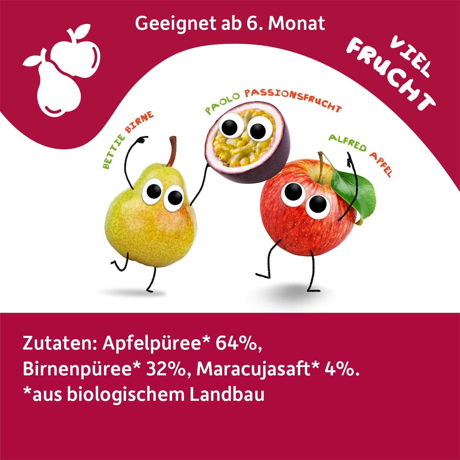 FRECHE FREUNDE Bio Quetschie Apple, Birne & Maracuja, Fruchtmus mit Obst im Quetschbeutel für Babies from 6. Month, vegán, 6er Pack (6 x 100g)