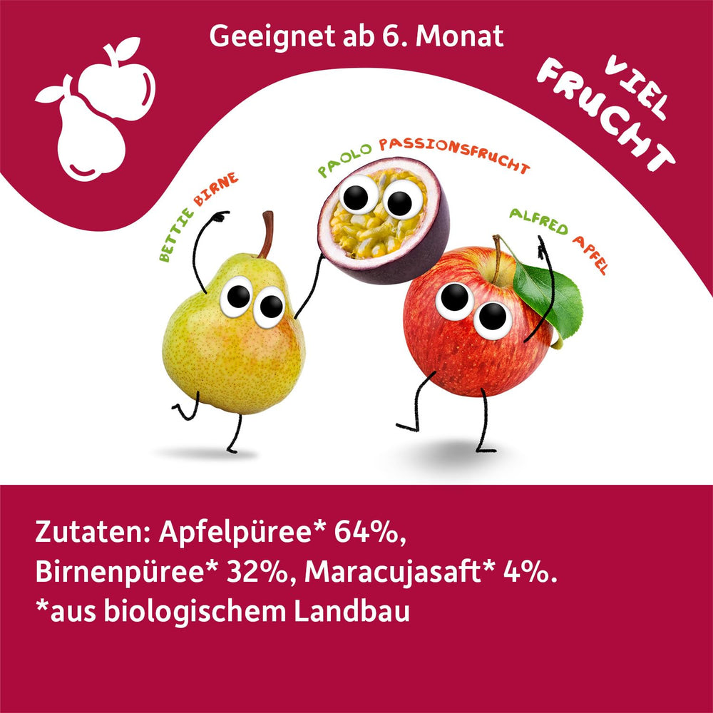 FRECHE FREUNDE Bio Quetschie Apple, Birne & Maracuja, Fruchtmus mit Obst im Quetschbeutel für Babies from 6. Month, vegán, 6er Pack (6 x 100g)