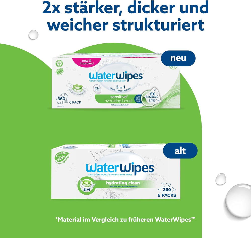 WaterWipes Sensitive+ Hydrating Boost nedves törlőkendők, hidratáló törlőkendők, 360 darab (6 csomag), 3 az 1-ben tiszta, ápoló, hidratáló, 99% aloe vera víz, illatmentes baba törlőkendők