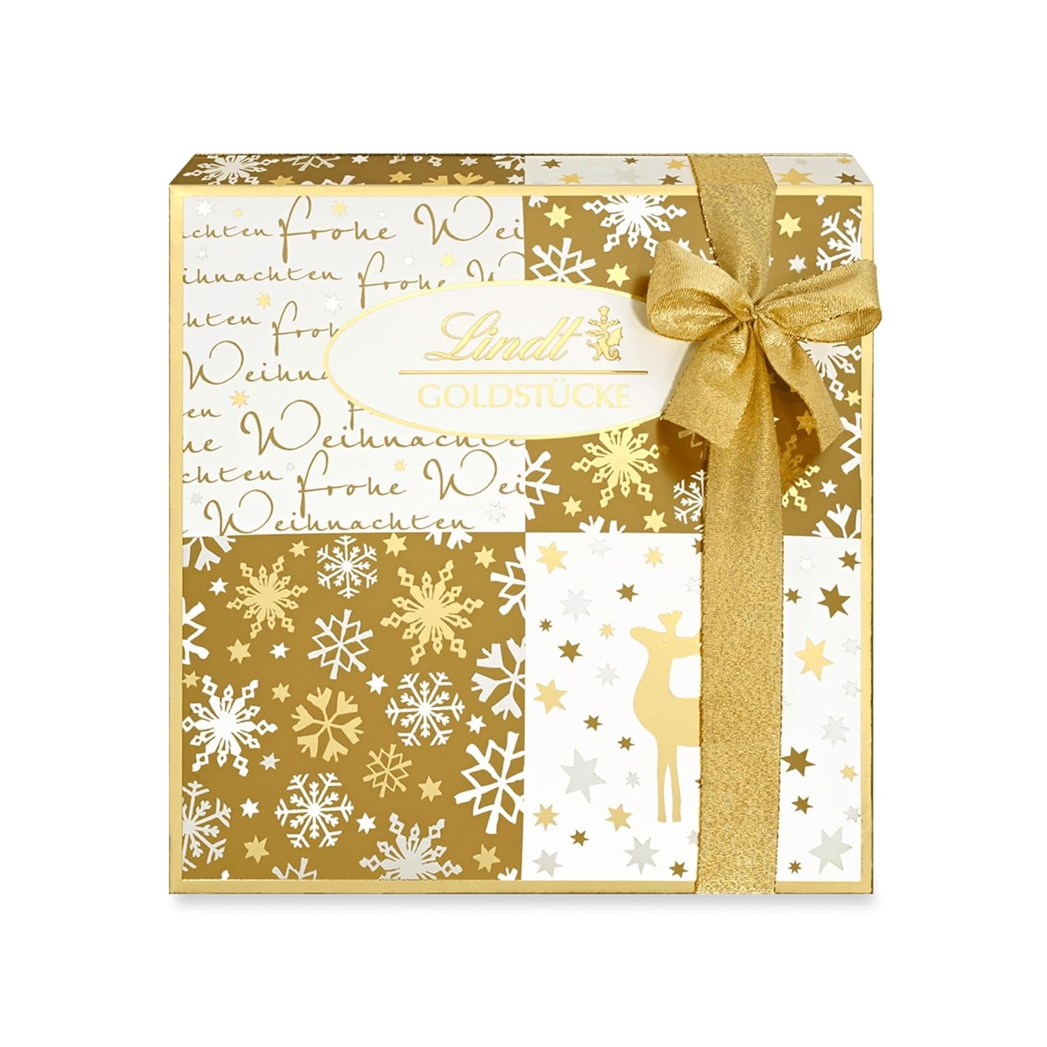 Lindt csokoládé | Doboz aranydarabos praliné | 180g | 18 praliné 10 választékban, finom praliné választék, néhány alkohollal | Prémium díszdoboz karácsonyi pralinéval