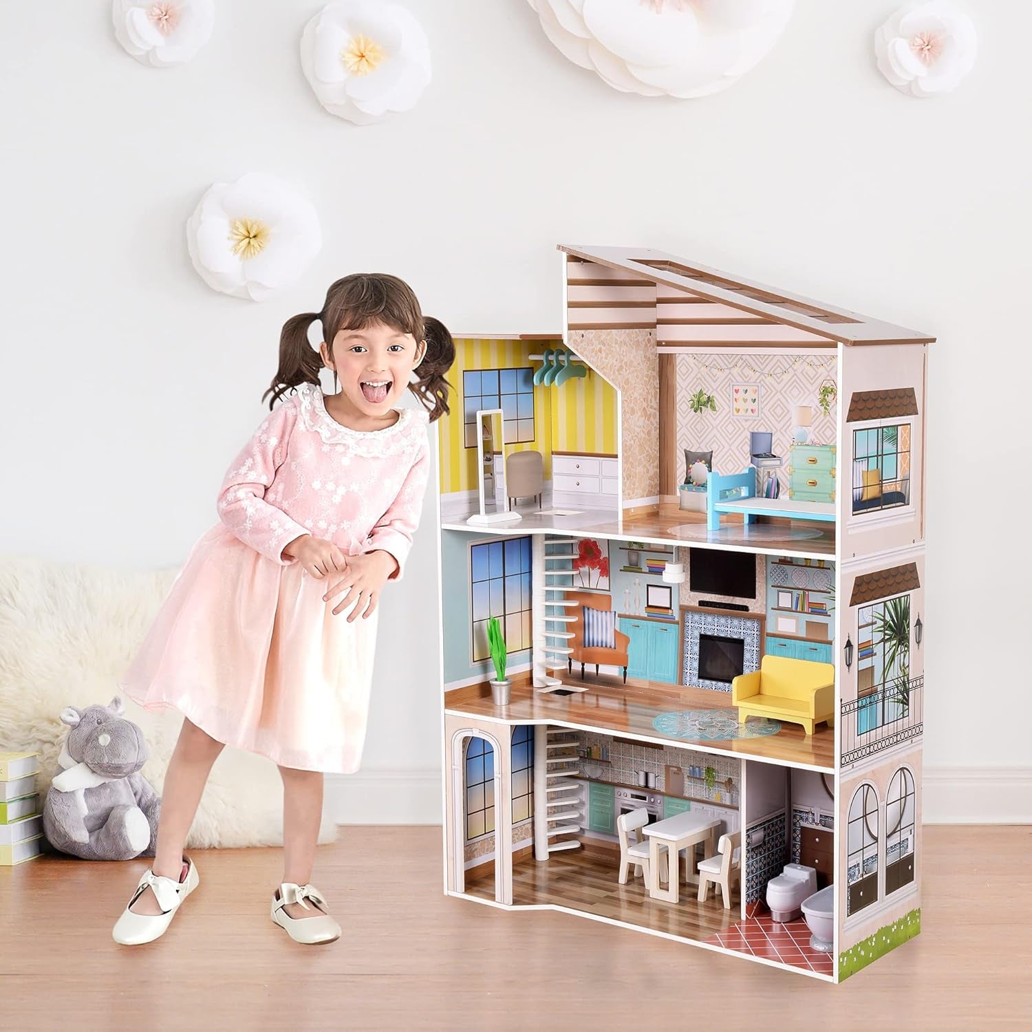 Olivia's Little World, casă de păpuși interactivă din lemn pentru copii, stil mediteranean contemporan, cu 3 etaje, cu 17 accesorii pentru mobilier de păpuși, multicoloră, TD-13551B