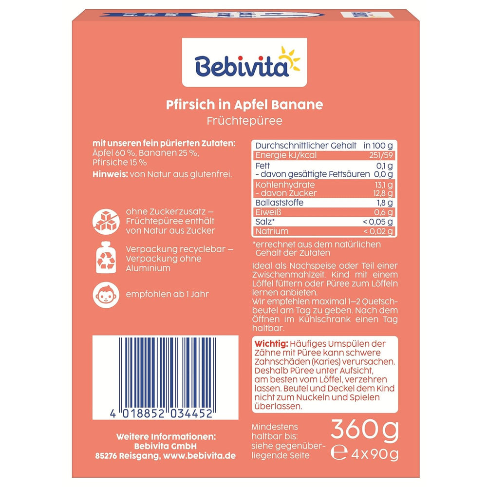 Őszibarack, alma és banán préselhető tasakok - 16 (4 csomag, 4 x 90 g egyenként), hozzáadott cukor nélkül, gluténmentes, ideális elvitelre és önfogyasztásra