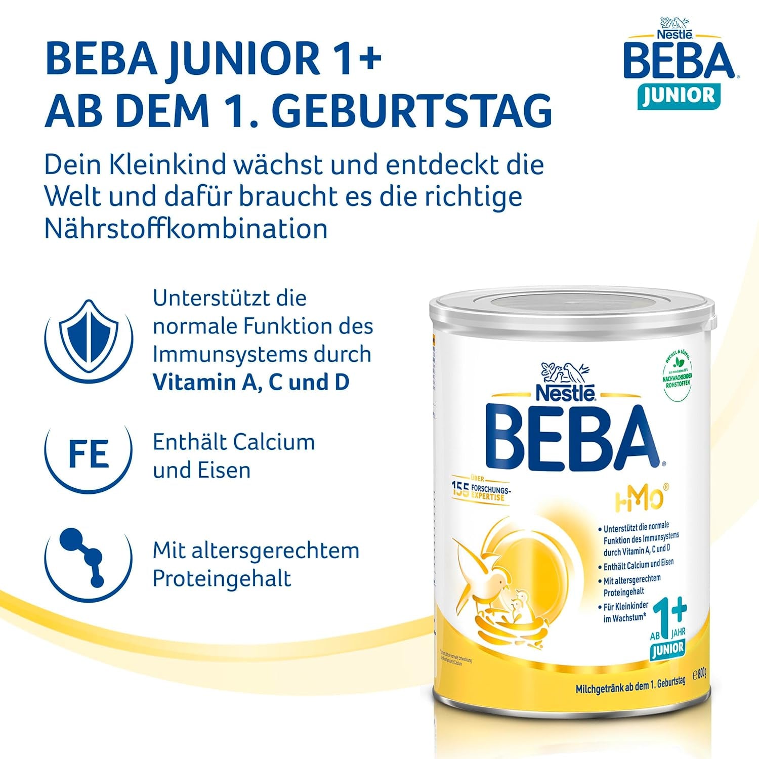 BEBA Junior 1+ tejital 1 éves kortól, HMO-val, életkornak megfelelő fehérjetartalommal, csak laktóz, pálmaolaj nélkül, halolaj nélkül, kisgyermektáp, bébi tejpor, 3 db-os kiszerelés (3 x 800g)