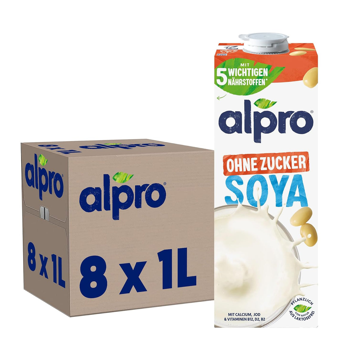 Alpro Sojadrink – Vegan és milchfrei – Von Natur aus laktosefrei und fettarm – Gazdag pflanzlichen Proteinen, inhalált kalcium és vitamin – 8 x 1 l – Haltbar