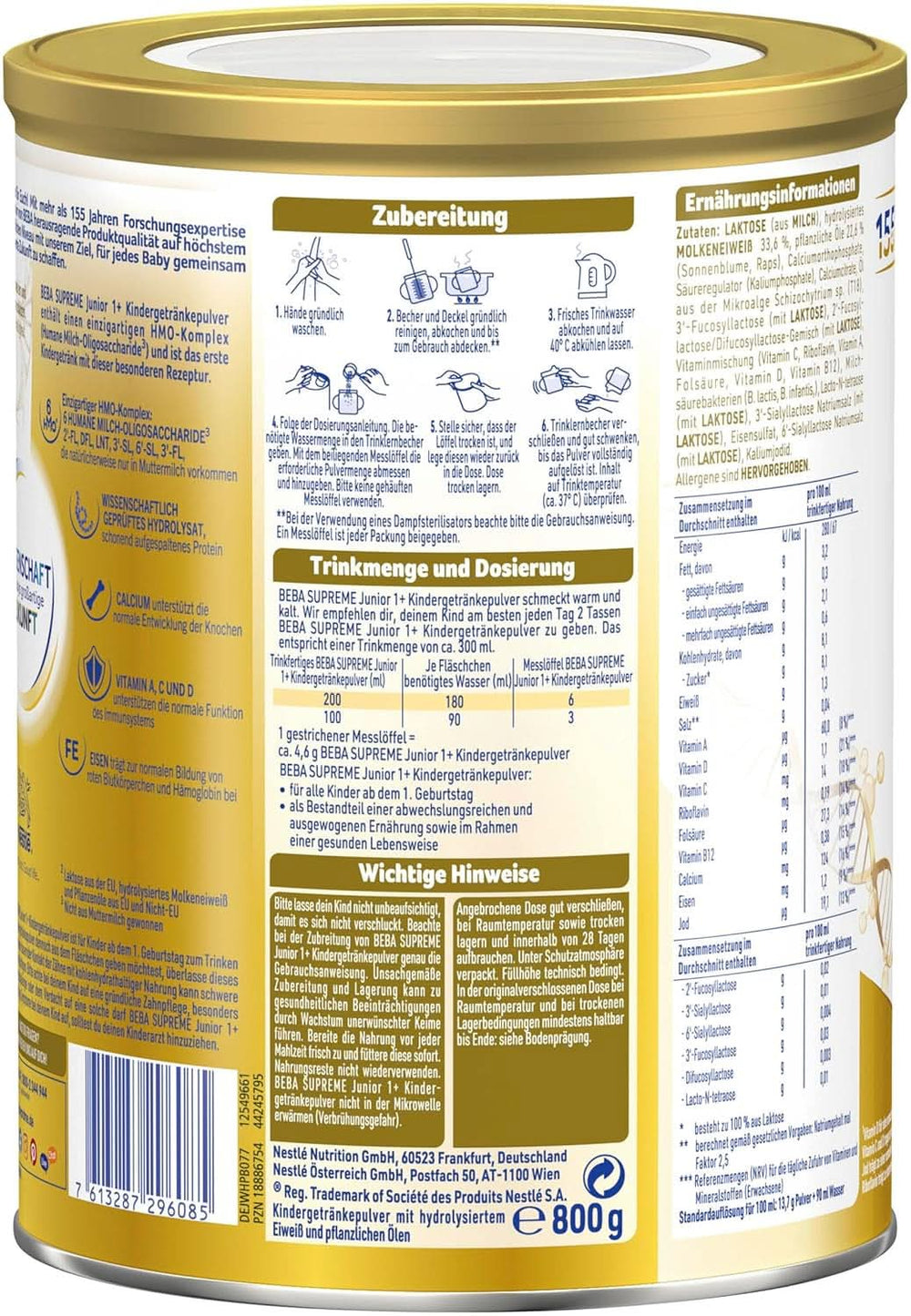 Gyerekital BEBA SUPREME Junior 1+ 1 éves kortól, étel gyerekeknek 6 HMO komplexszel, csak laktóz, pálmaolaj nélkül, kiszerelés 6 (6 x 800 g) Anya és Gyermek Naty Shop