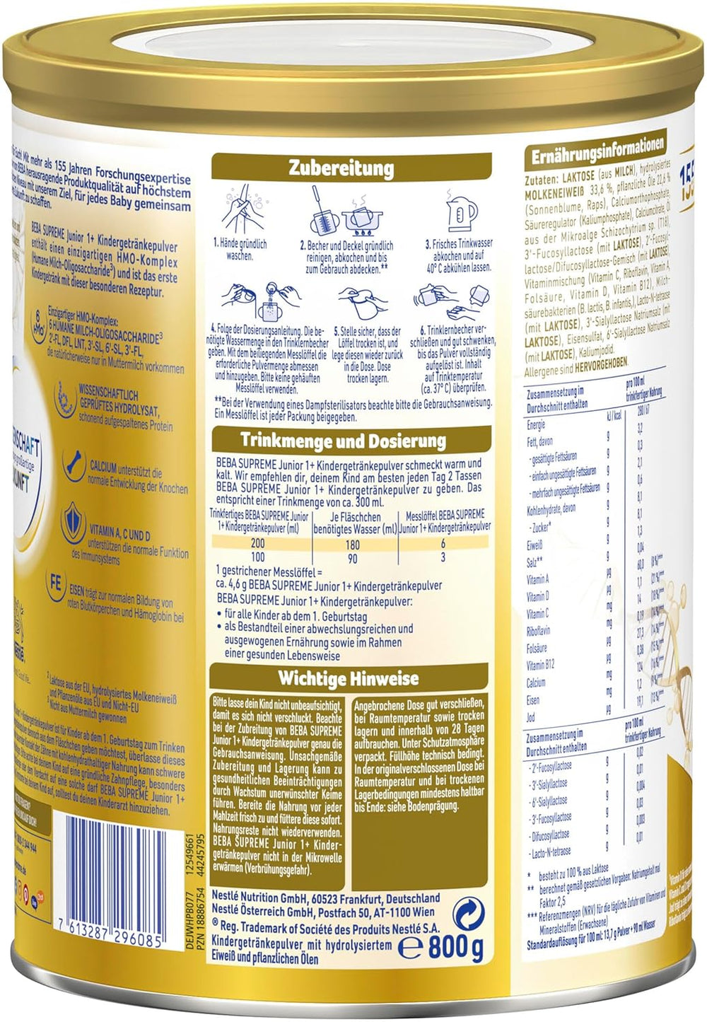 BEBA SUPREME JUNIOR 1 Plus - Ital gyerekeknek 1 éves kortól, komplex 6 HMO-val, laktózmentes, pálmaolaj mentes, halolaj mentes, kisgyermekes étel, babatejpor, 6 db-os kiszerelés (6 x 800g)