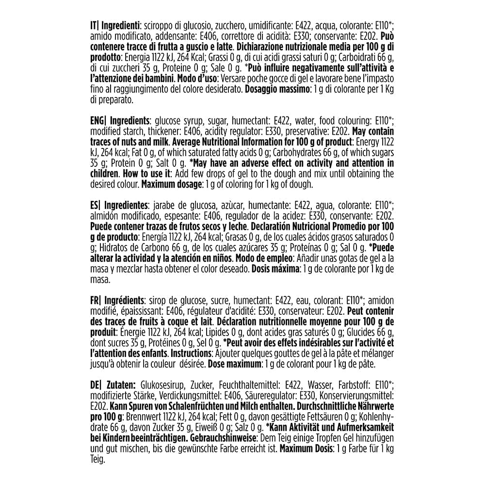 9600813 Colorant alimentar în gel, colorant alimentar în gel ideal pentru acoperiri și decorațiuni, creează culori intense și strălucitoare, fabricat în Italia, 28 de grame, culoare portocalie.