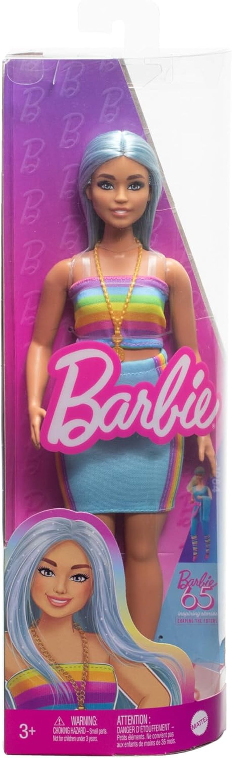Barbie Fashionista baba sz. 218 hosszú kék hajjal, szivárvány felsővel és türkiz szoknyával, 65. születésnapi gyűjthető divatbabával, HRH16 Naty Shop Dolls