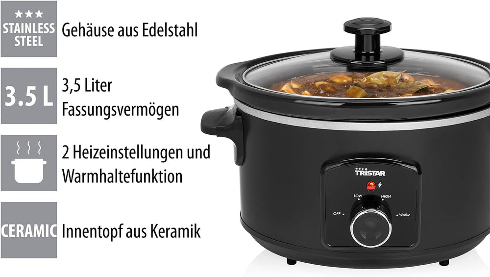 Tristar VS-3915 lassú tűzhely, rozsdamentes acél kerámia edény 2 hőfokozattal és melegen tartás funkcióval, 3,5 literes Slow Cooker Naty Shop