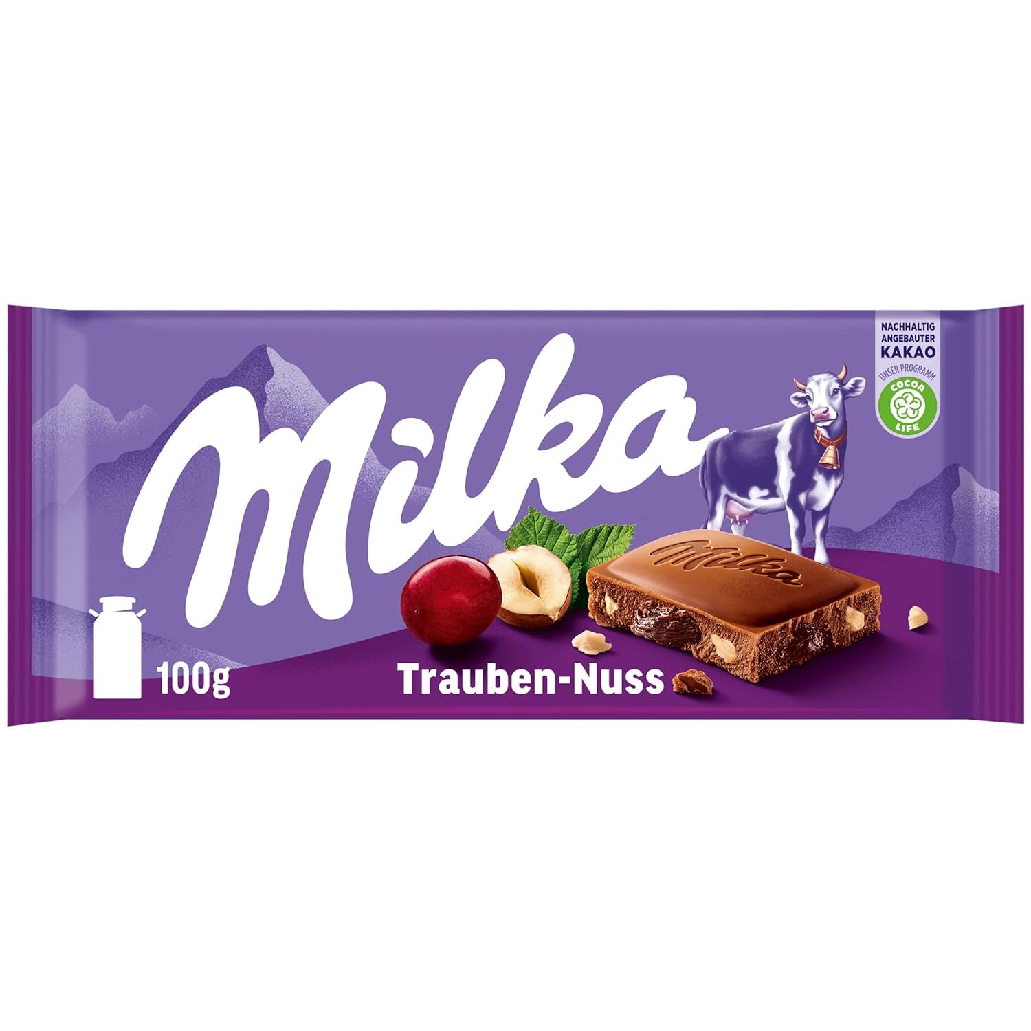 Milka szőlő és mogyoró – alpesi tejcsokoládé mogyoró- és mazsoladarabokkal – 90g