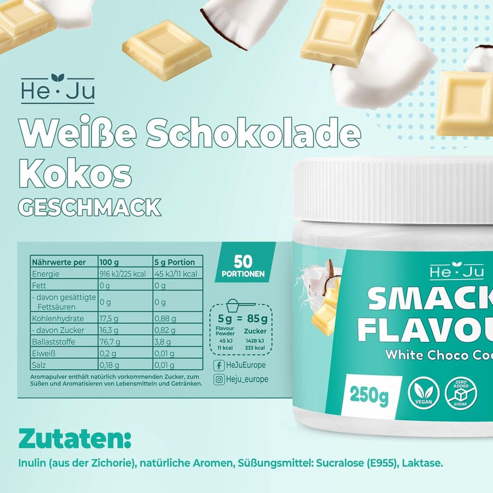 He-Ju, Fehér csokoládé és kókusz ízű por, 250 grammos Aromas Naty Shop