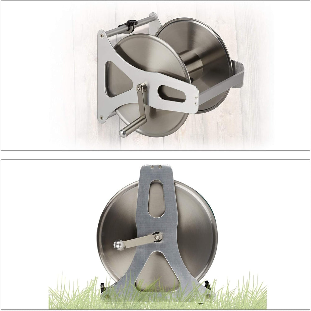 Relaxdays Rolă metalică pentru furtun, înfășurare furtun goală, oțel inoxidabil și aluminiu, montare pe podea și perete, 30,5x45x36,5 cm, argintiu