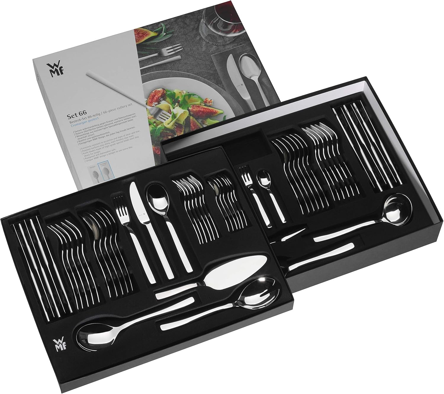 WMF Corvo Besteck Set 12 Personen, 66 Teilig, 60 Teile Mit Servierbesteck, Hohlheftmesser, Cromargan Protect Mattiert, Kratzbeständig, Spülmaschinenfest Bucatarie Naty Shop