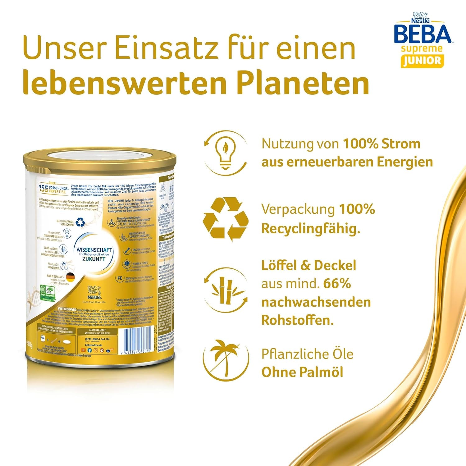 BEBA SUPREME JUNIOR 1 Plus - Ital gyerekeknek 1 éves kortól, komplex 6 HMO-val, laktózmentes, pálmaolaj mentes, halolaj mentes, kisgyermekes étel, babatejpor, 6 db-os kiszerelés (6 x 800g)