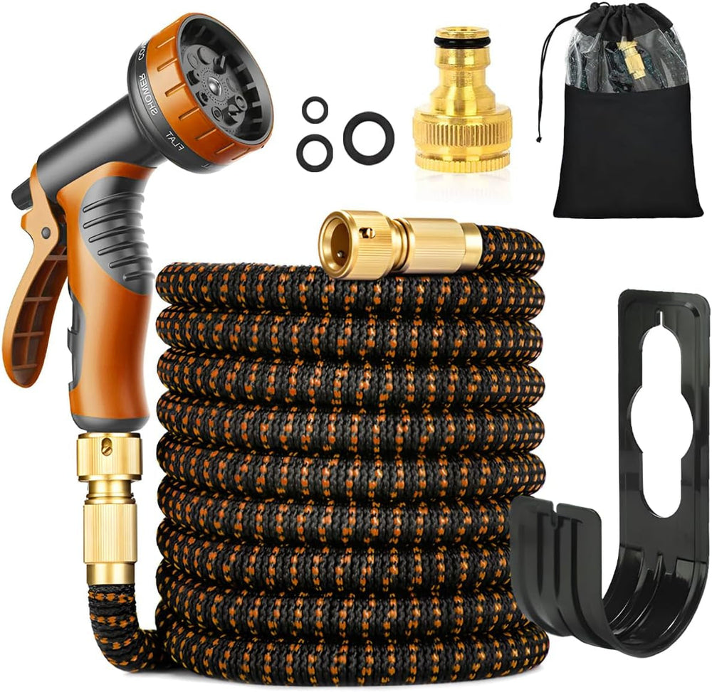 Furtun flexibil de grădină 30m/100ft verde, cu duză de pulverizare și conectori din alamă de 3/4" și 1/2", furtun de apă extensibil cu 10 funcții, extensibil de 3 ori, fără îndoituri, pentru grădină, podea, terasă, mașină