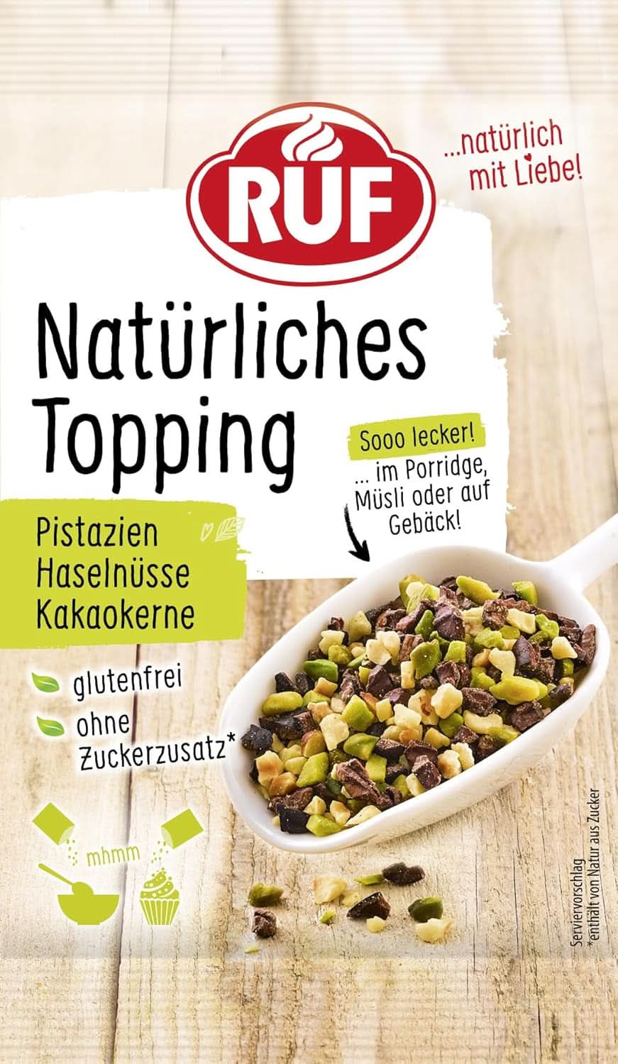 RUF rizschips, mesterséges adalékanyagok nélkül, gyümölcskeverék zabkásához és péksüteményekhez, gluténmentes, vegán, 15 gramm szórvány Naty Shop 30 gramm pisztácia, kakaó, mogyoró