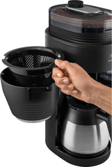 Melitta AromaFresh Therm Pro X – Espressor cu filtru, râșniță integrată, rezervor de apă detașabil, carafă termică din oțel inoxidabil și funcție de temporizator, pentru până la 8 cești de cafea, negru/argintiu