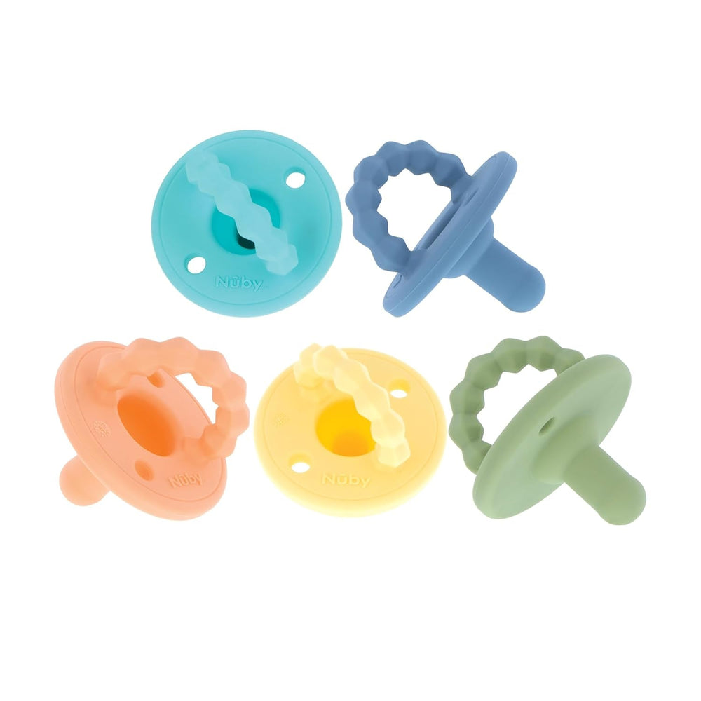 Nuby – Set de 5 tetine și suzete ortodontice din silicon moale | 3 modele pentru zi și noapte | 2 modele care strălucesc în întuneric | Fără BPA | Formă asemănătoare sânilor | Pentru 18-36 de luni