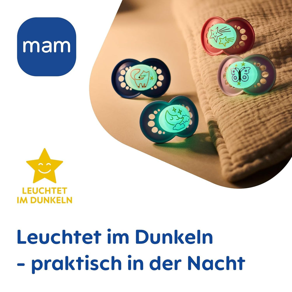 Suzetă MAM Original Day & Night Matt | 6-16 luni | Acceptare 94% | Suzeta pentru bebeluși ajută la prevenirea alinierii dinților nedoriți | Dezvoltată împreună cu dentiști | Silicon SkinSoft | Vulpe/Lună | Pachet de 4