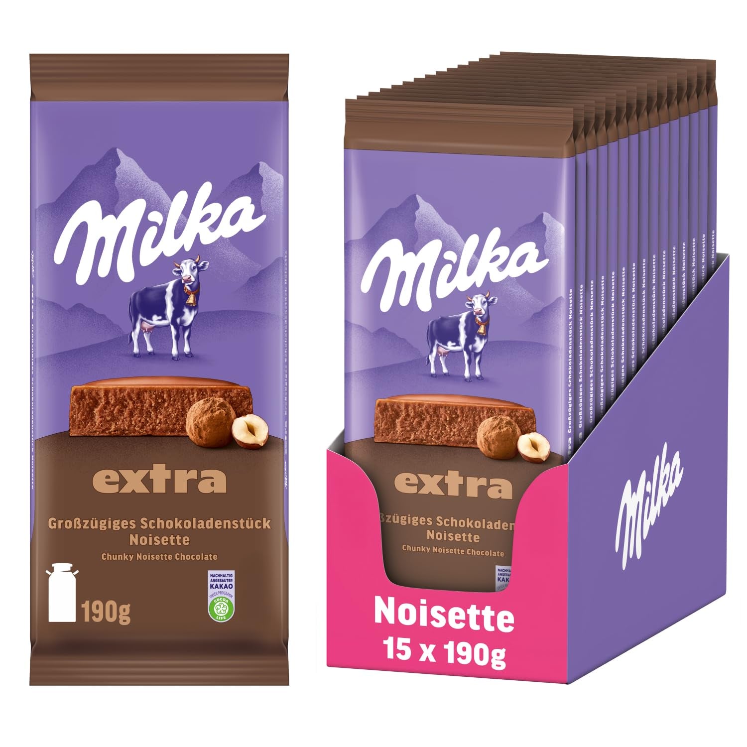 Milka Extra Noisette – alpesi tejcsokoládé finom, krémes mogyorós töltelékkel – 15 x 190 g