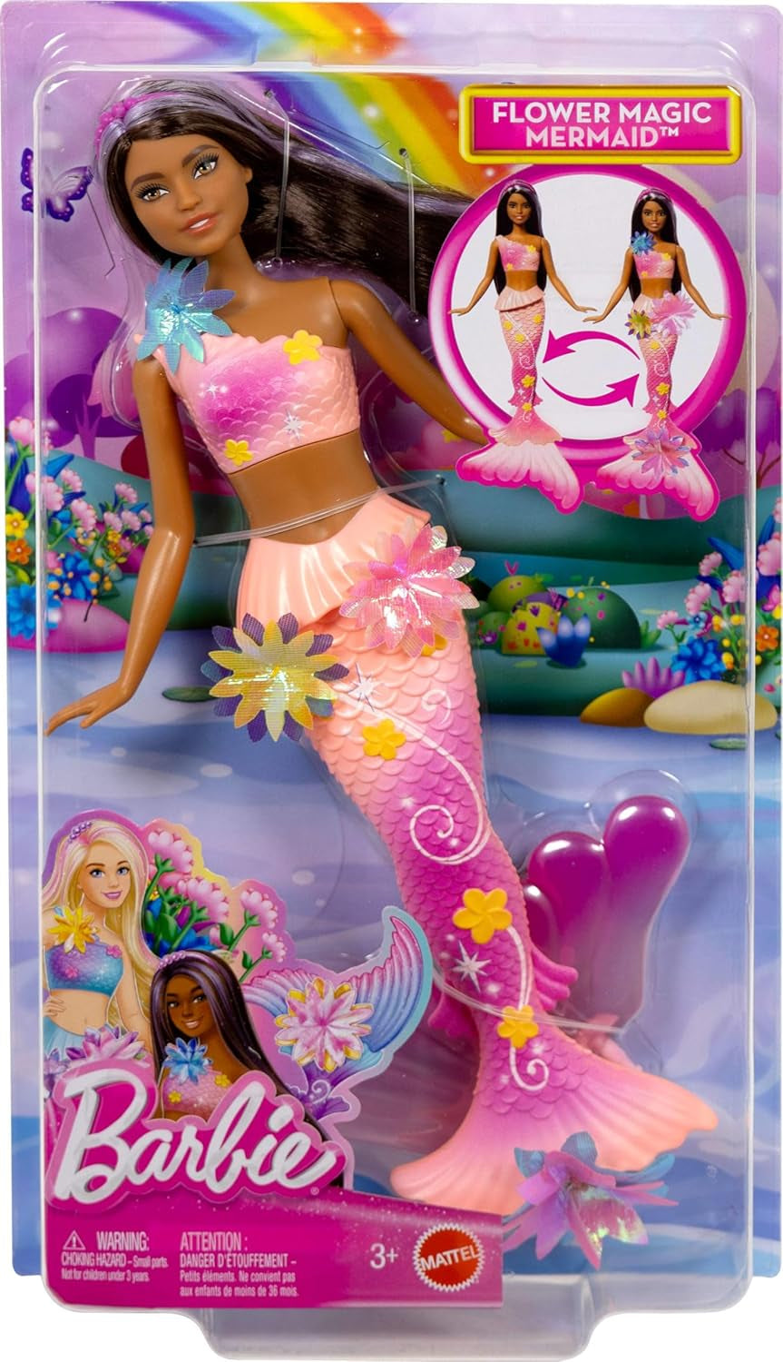 Barbie Meerjungfrauen-Spielzeugpuppe mit magischer Überraschungsblüte, Schwanzflosse mit Farbverlauf, perlenbesetztem Haarreif und langem braunen Haar mit violetten Strähchen, JDM73