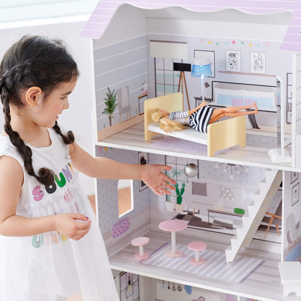 Teamson Kids Casa de păpuși gigantică Olivia's Little World cu 16 accesorii pentru păpuși, casă de păpuși din lemn cu mobilier, cu 3 etaje, casă de păpuși pentru copii de 30 cm, vârste 3+