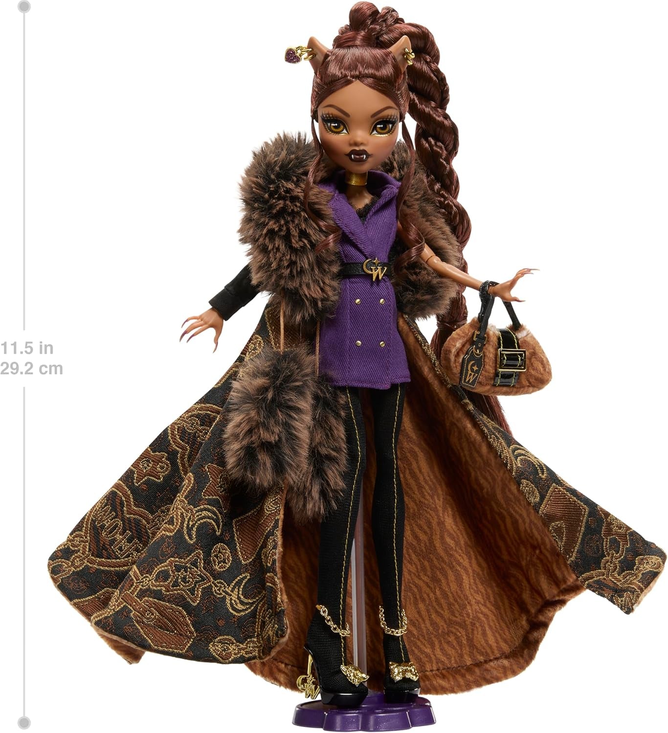 Monster High Puppe, Clawdeen Wolf House of Wolf Sammelfigur mit Kunstpelz-Jacquard-Mantel, violettem Blazerkleid, Pantaboots und goldenen Accessoires, JDR66
