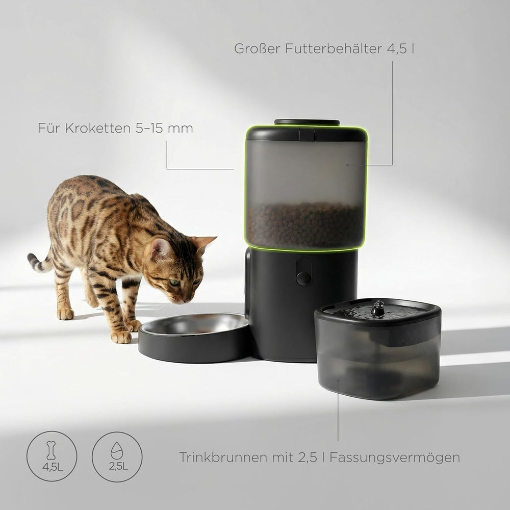 Feast Automatische Futterautomat Katze mit App und Kamera, Live-Video mit Nachtsicht und Zwei-Wege-Audio, Portionskontrolle, Edelstahl-Napf, Katzen Trinkbrunnen mit Filter, 4,5 l és 2,5 l