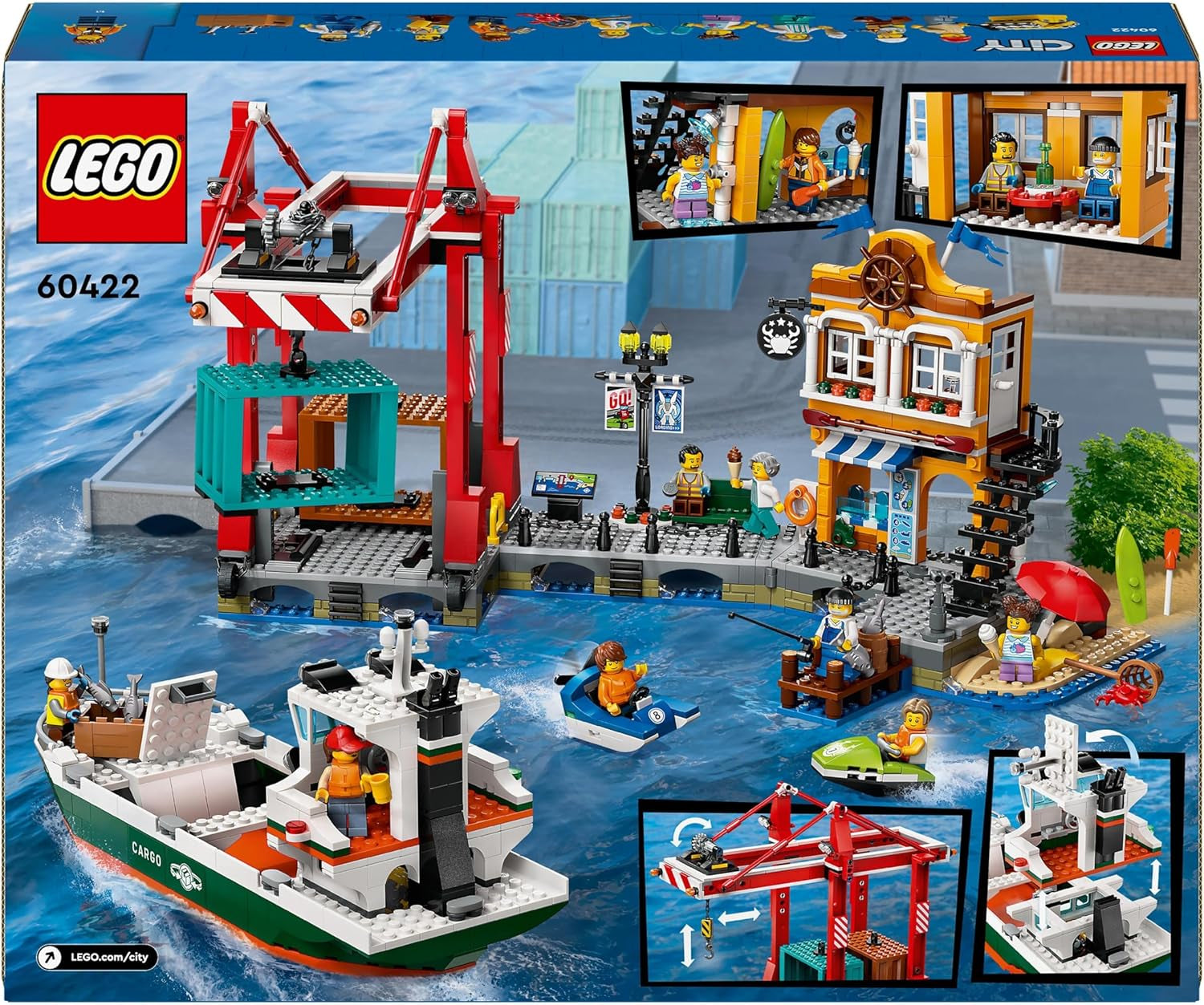 LEGO City kikötő teherhajóval, építőjátékkal fiúknak és lányoknak 8 éves kortól, ajándékötlet gyerekeknek, konténerdaru, játékhajó és 8 minifigura 60422 Építőkészlet Besuche den LEGO-Store