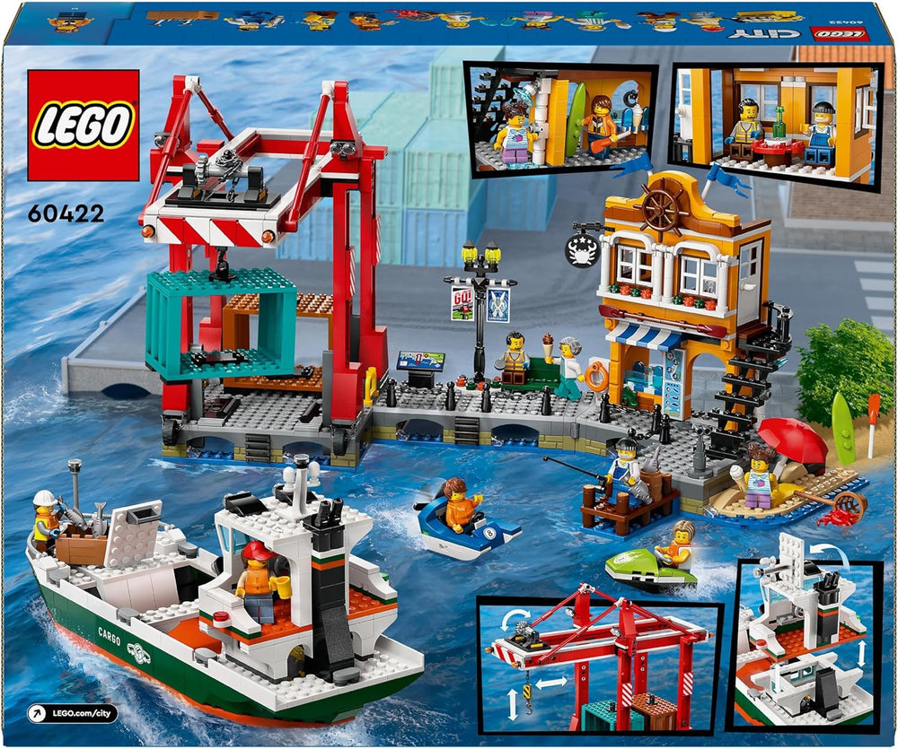 LEGO City kikötő teherhajóval, építőjátékkal fiúknak és lányoknak 8 éves kortól, ajándékötlet gyerekeknek, konténerdaru, játékhajó és 8 minifigura 60422 Építőkészlet Besuche den LEGO-Store