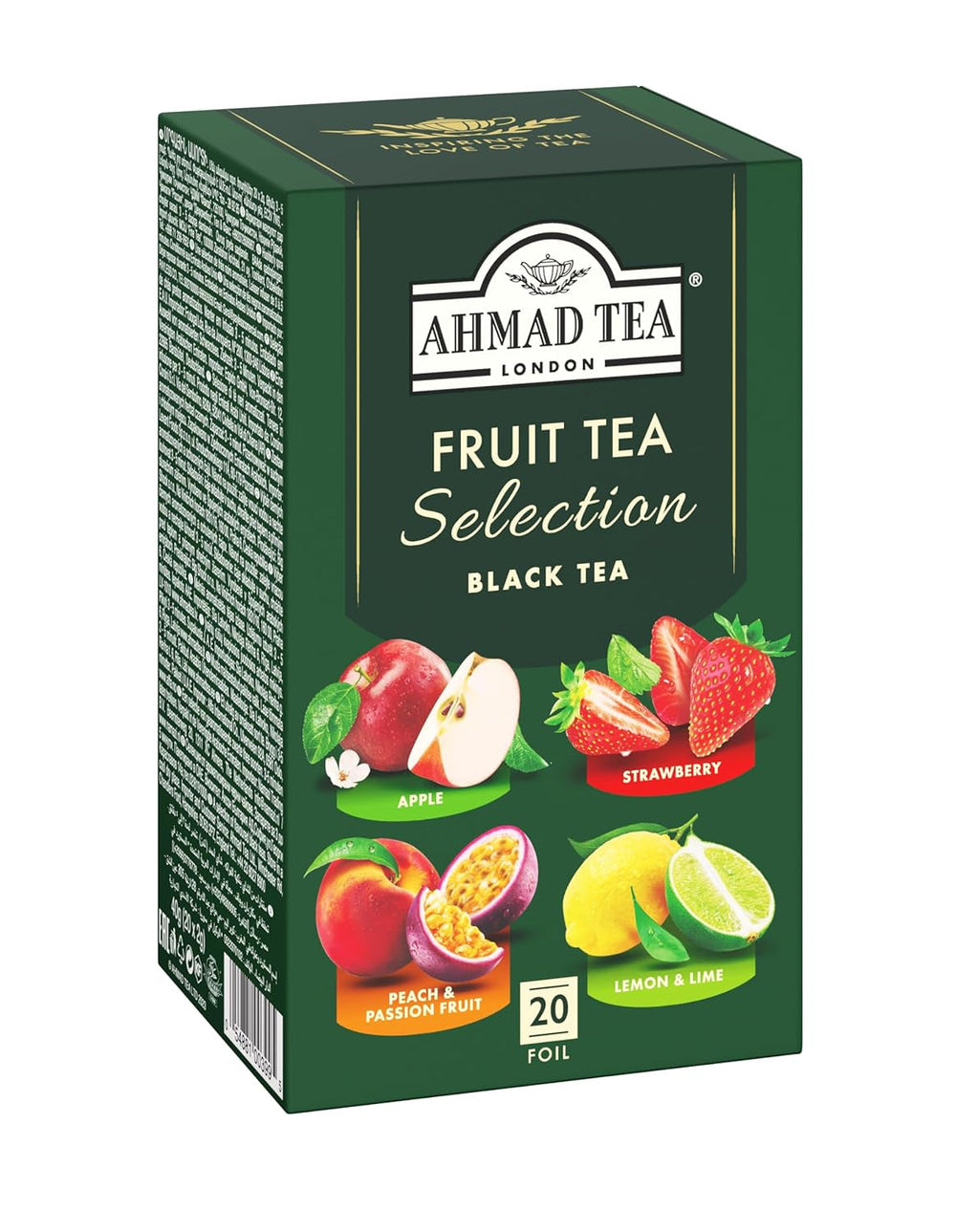 Ahmad Tea - Fruit Tea Selection - Sortiment de ceaiuri de fructe din ceai negru - Măr, piersică și fructul pasiunii, căpșuni, lămâie și lime - Ambalate individual și sigilate pentru păstrarea aromelor - 20 pliculețe de ceai cu bandă
