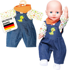 Heless 1115 - Bekleidungs-Set für Puppen im Dino-Design, 3 teilig mit Latzhose, T-Shirt und Halstuch, Größe 28-35 cm