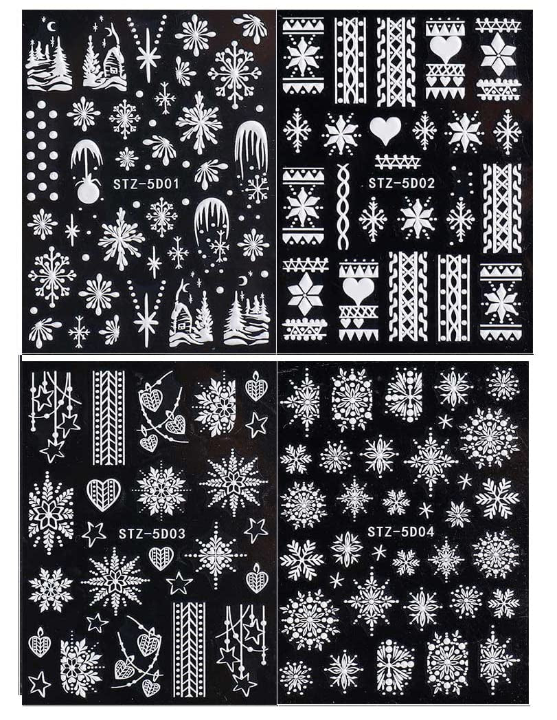 4 Blatt 3D Nagelsticker Weihnachten Nagelaufkleber Christmas 5D Stereoskopisch Selbstklebend Schneeflocke Schneemann Nail Art Sticker Dekoration Nageldesign Zubehör