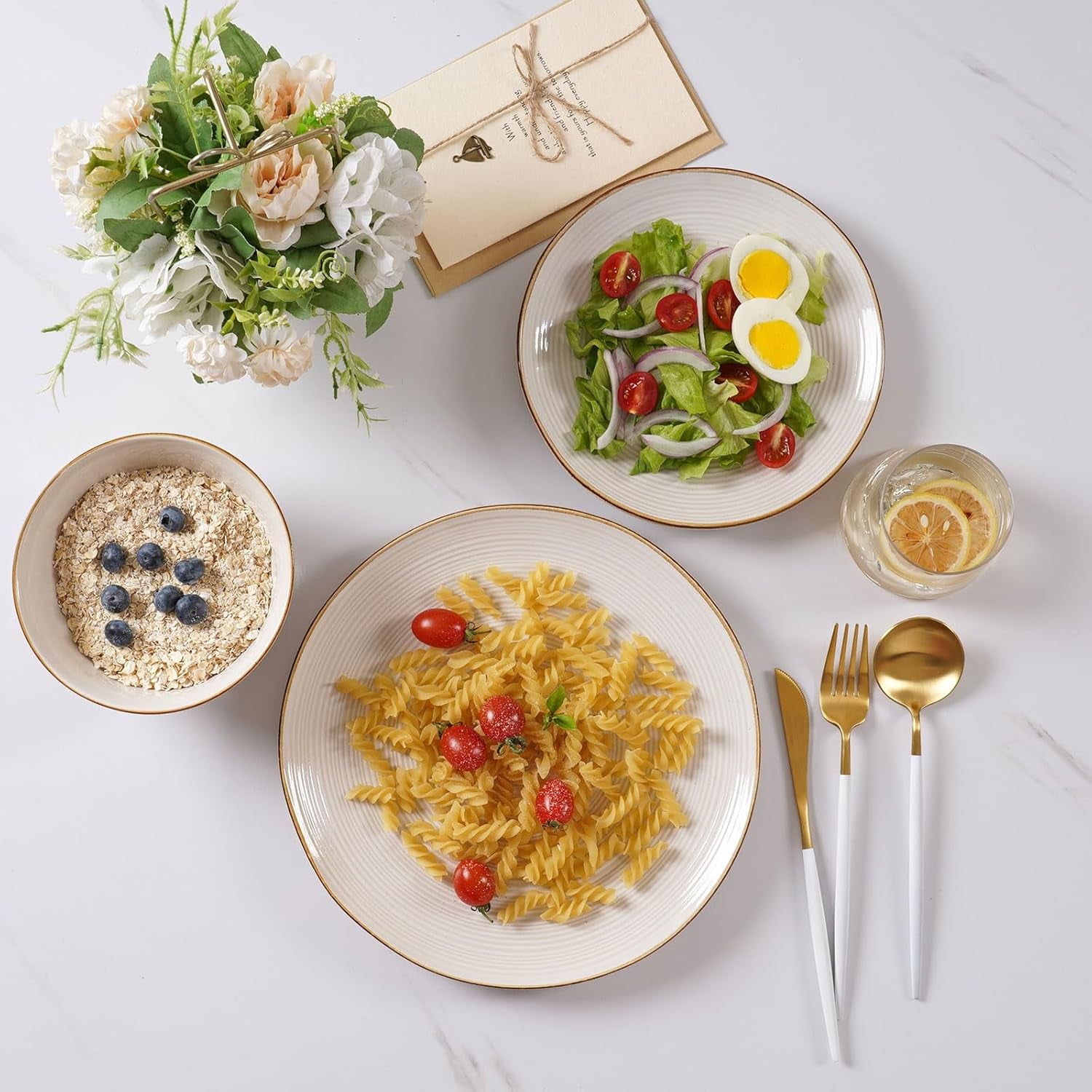 Set de veselă Tempus Series, Set de veselă pentru 6 persoane, Set de veselă din gresie, Set de farfurii cu 18 piese, Glazură reactivă, Potrivit pentru cuptorul cu microunde și mașina de spălat vase, Alb antic