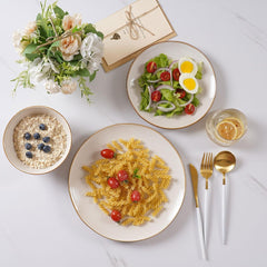 Set de veselă Tempus Series, Set de veselă pentru 6 persoane, Set de veselă din gresie, Set de farfurii cu 18 piese, Glazură reactivă, Potrivit pentru cuptorul cu microunde și mașina de spălat vase, Alb antic