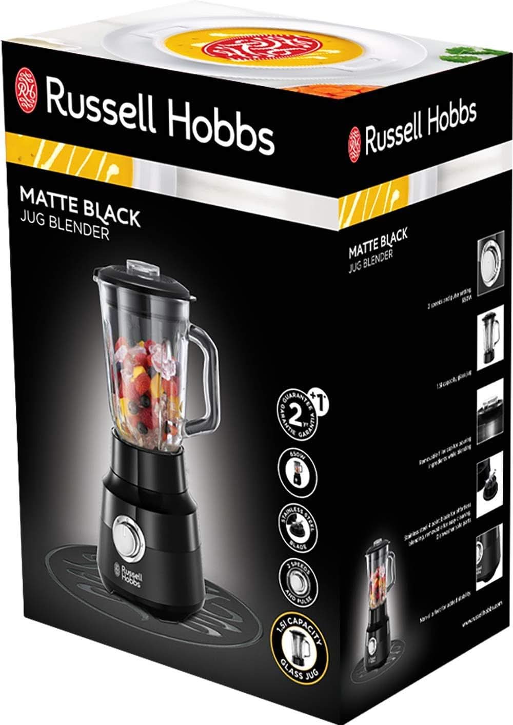Russell Hobbs Standmixer [1.5L Glasbehälter] Matt Schwarz (Starker 0.9PS motor, Impuls-/Ice-Crush-Funktion, Edelstahlmesser, Bpa-Frei Mixer, Elektrischer Zerkleinerer, Smoothie-Maker) 24722 Natúr Shop