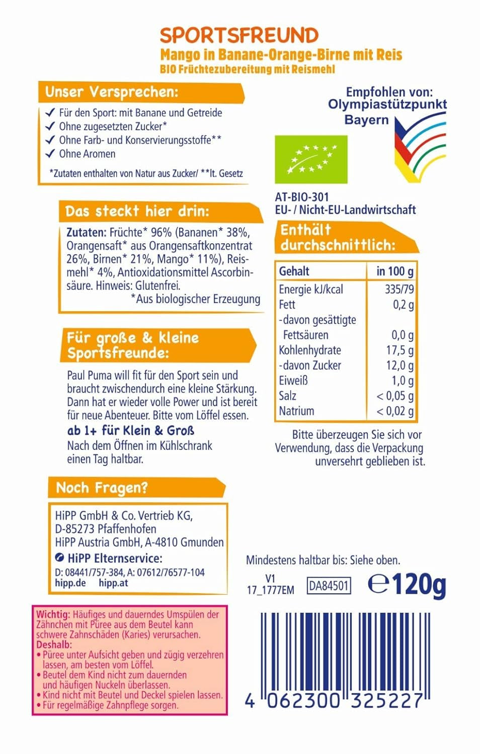 Hipp squeeze zacskók, 100% bio gyümölcs hozzáadott cukor nélkül, 6 x 120 gramm Mother and Child Naty Shop