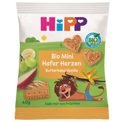 HiPP zabpehely vaníliás szív mini keksz (12 x 40 g), 1 éves kortól, bio szív alakú snackszelet, magas gabona- és rosttartalmú, csak gyümölccsel édesítve, a legjobb bio minőségben