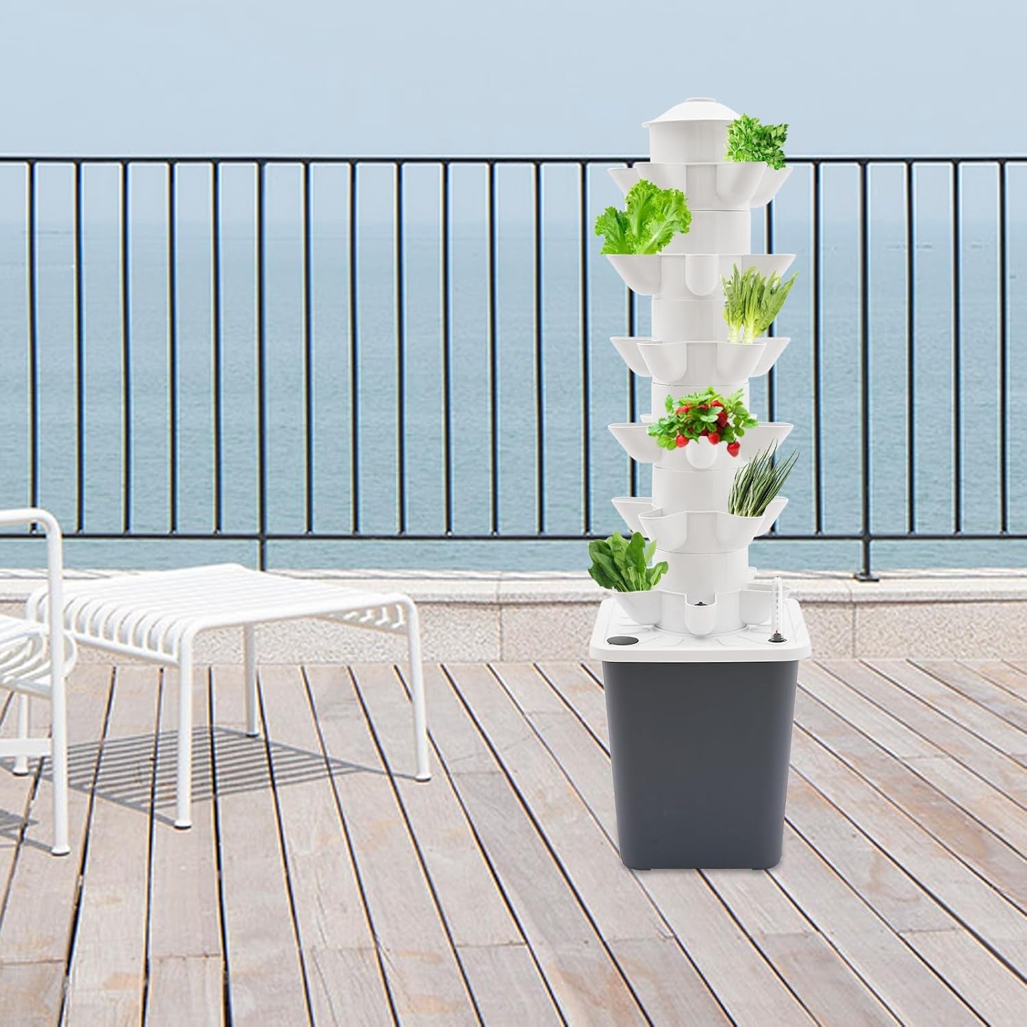 30 kapszula hidroponikus torony, kerti hidroponikus termesztőrendszer, 6 szintes függőleges hidroponikus termesztőkészlet, aeroponikus torony hidratáló szivattyúval, adapterrel és magágyakkal (szürke)