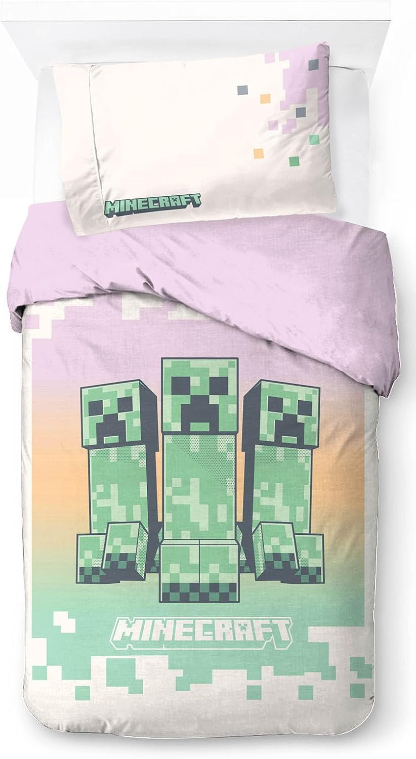 Set de lenjerie de pat pentru copii, desene animate si super eroi, bumbac Lenjerie de pat - copii Naty Shop Roz - Minecraft 135X200/50X70 (2 Piece)