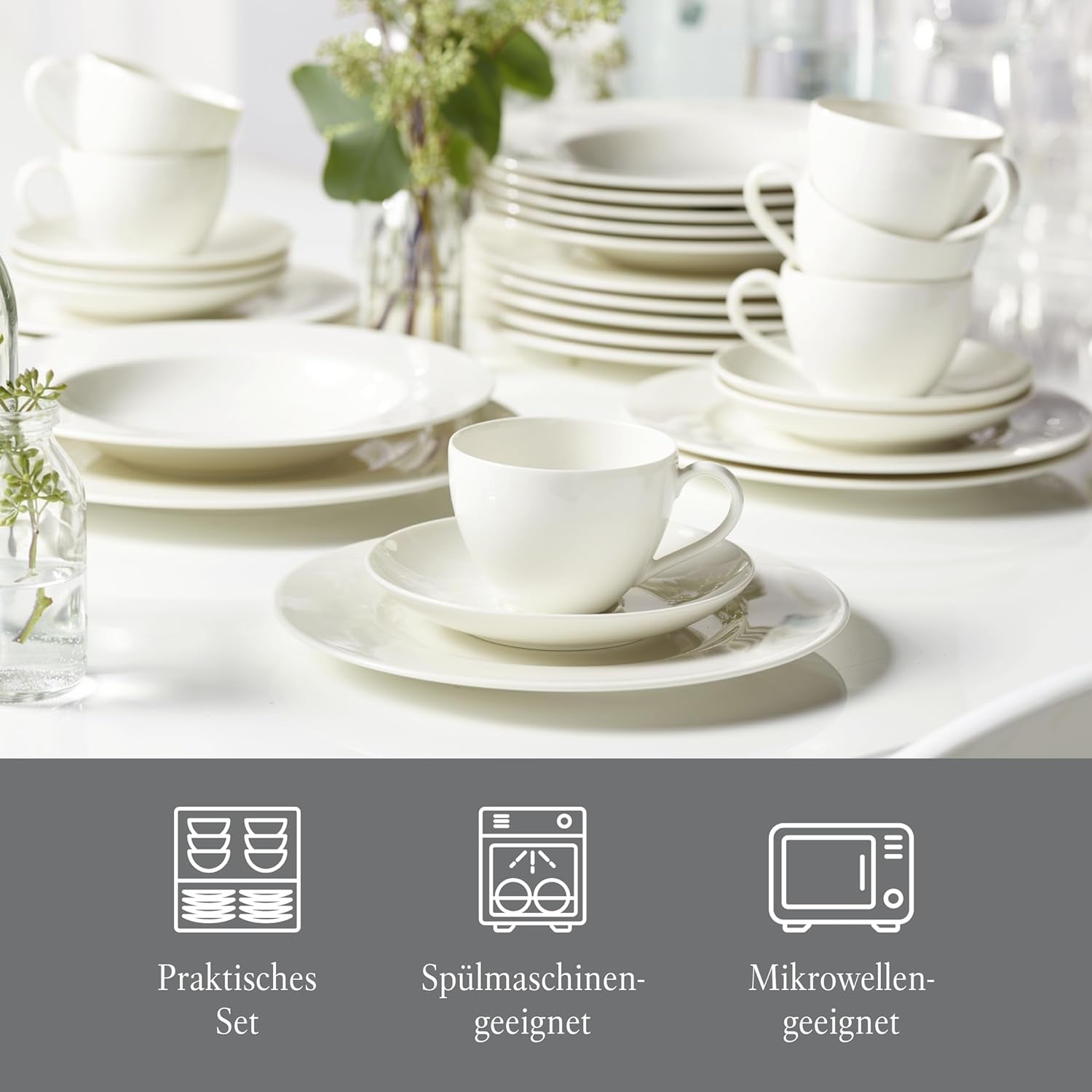 vivo - Villeroy & Boch Group - Set de veselă Basic White cu 30 de piese, potrivit pentru mașina de spălat vase și cuptorul cu microunde, Set de veselă alb, Set de cafea, Ceramică, Farfurii, Cești, Porțelan premium