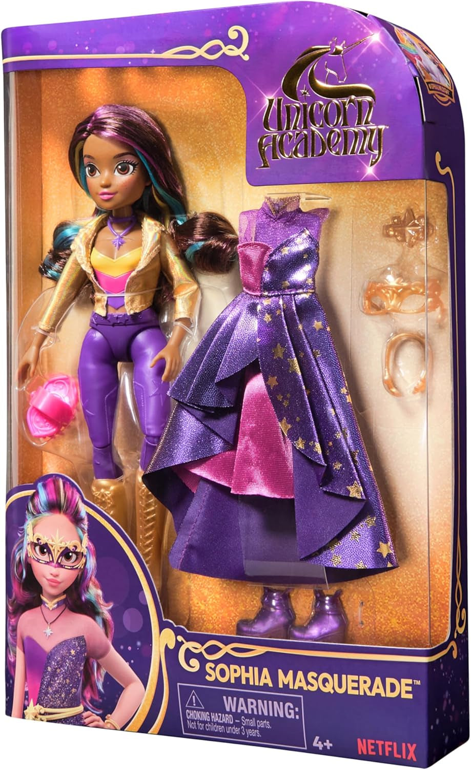 Păpușă Unicorn Academy Deluxe, Bal Mascat - Sophia, păpușă originală din popularul serial Netflix, 24 cm înălțime, cu 2 ținute și accesorii, pentru copii cu vârsta de 4 ani și peste