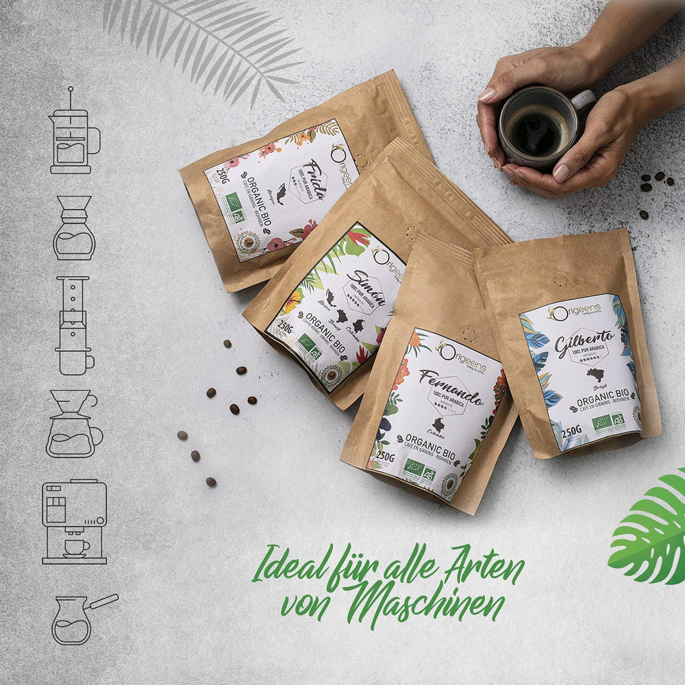 ORIGEENS Bio Kaffeebohnen Probierset 1kg | Premium Bio Arabica Kaffee Ganze Bohnen Set 4x250g | Traditionelle Röstung | Kaffee Geschenkset