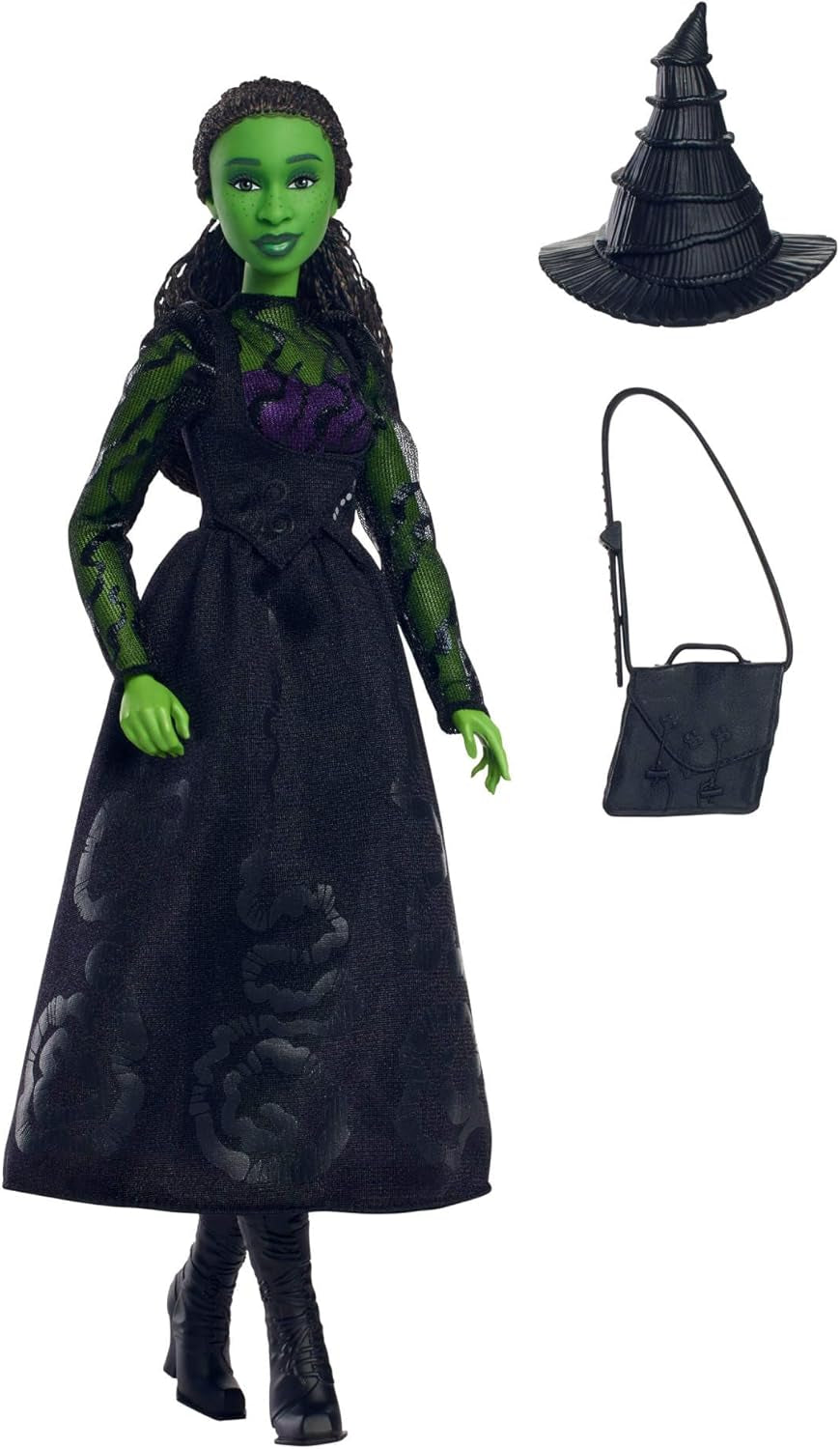 Păpușă de modă Mattel Wicked Elphaba și accesorii cu piele verde, păr negru împletit, diverse poziții posibile și aspect de rochie de bal detașabilă, HXT62, [Multicoloră]