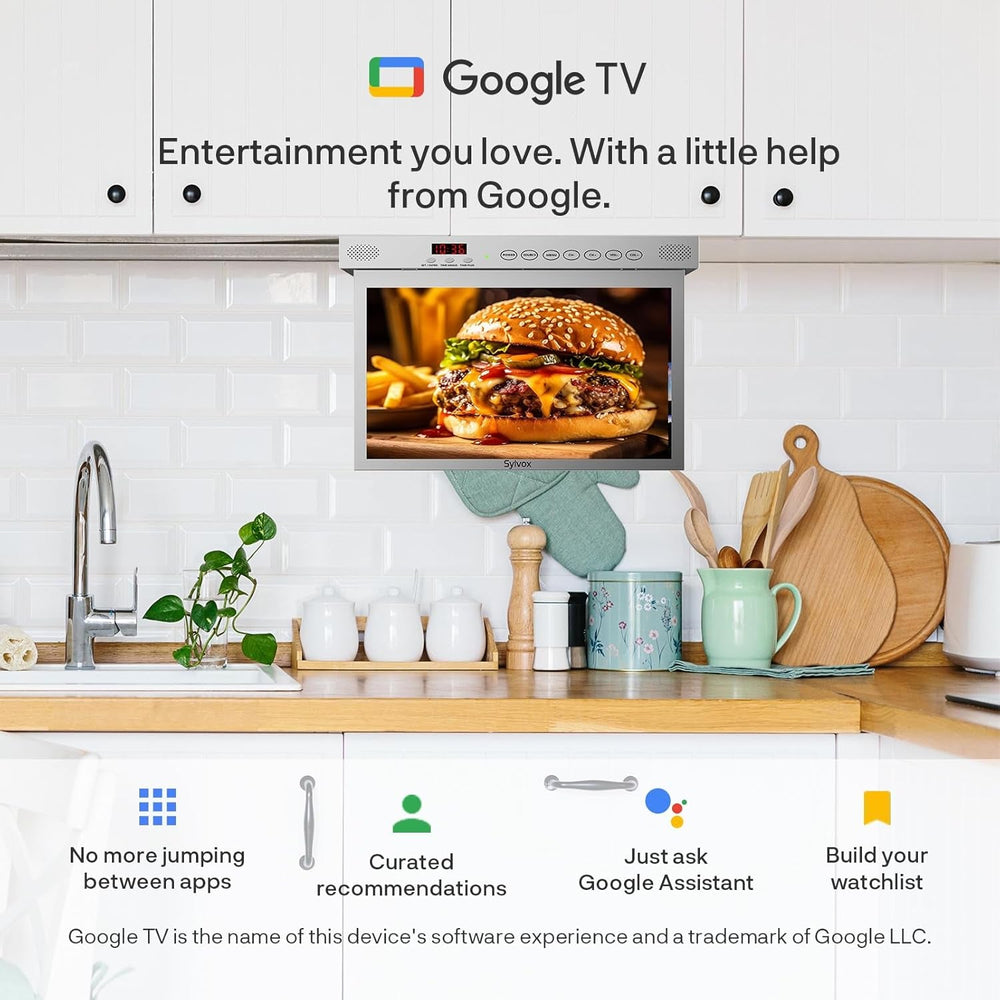 SYLVOX Televizor de bucătărie de 15,6 inci, televizor pliabil pentru bucătărie cu pivotare, suport Google TV WiFi Bluetooth, Smart TV 1080P pentru bucătărie, dormitor, autorulotă, iaht (argintiu)