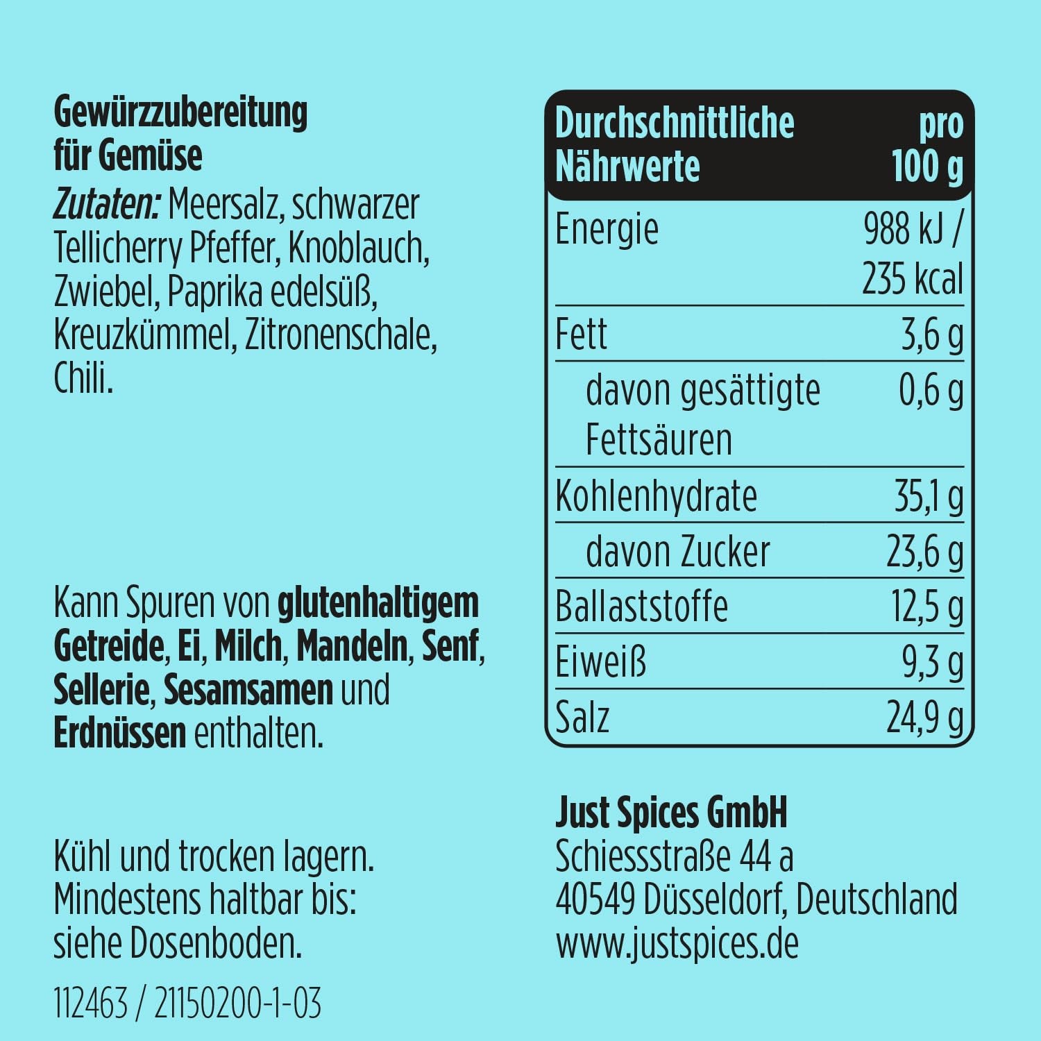 Just Spices Gemüse Allrounder I Jedes Gemüse von Padlizsán bis Cukkini lecker würzen I Gewürzdose, 75 g
