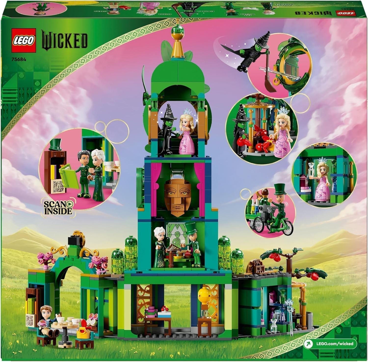 LEGO Wicked Üdvözöljük az Emerald City toronyjátékban, Glinda és Elphaba mini babák, ajándék filmrajongóknak és 9 éves kortól a babaházakat kedvelő lányoknak és fiúknak 75684 Építőkészletek Besuche den LEGO-Store